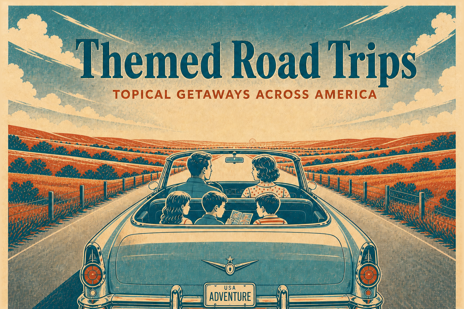 A family in a vintage convertible on an open road, heading toward a distant Ferris wheel. Themed Road Trips. Topical getaways across America.