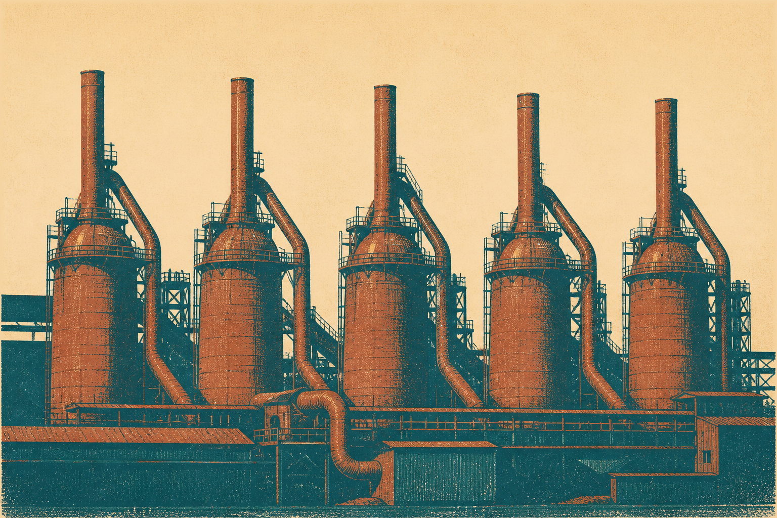 Screen-print of five blast furnaces in a row